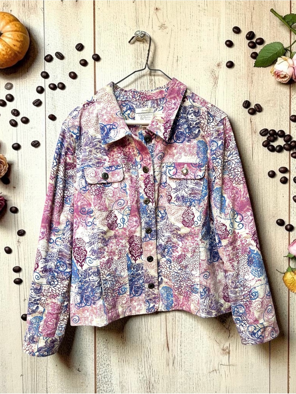 Christopher & Banks Floral Corduroy Jacket Womens PETITE XL Fairycore Pockets
